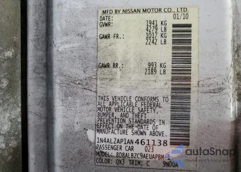 2010 Nissan Altima Base из США, поврежденный, VIN 1N4AL2AP1AN461138